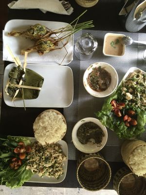 A banquet of vegan dishes we made during the class   at Tamarind - A Taste of Laos in Luang Prabang
