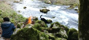 Excursion in the forest. Fire on the water.... Spring of river Zelenka at House Koliba in Janja Gora
