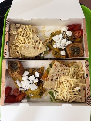 Omelette Greek style and club sandwich - They knew that we wanted to share both meals and served then like this to us which was really thoughtful!😄 at Early Bites in Athens