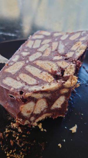 Chocolate log (cocoa, digestive biscuits, and instead of butter+sugar: banana!) at Early Bites in Athens