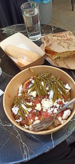 Dakos salad, leek pie and hot dog at Early Bites in Athens