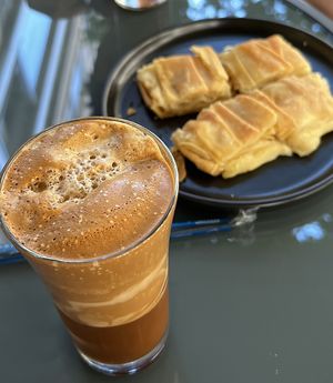Cheese Pie and Frappé  at Early Bites in Athens
