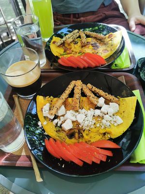 Greek omlet, sausage omlet, juice and coffee at Early Bites in Athens