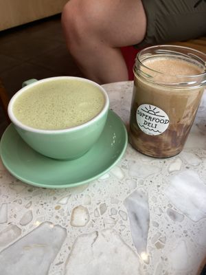 Matcha latte & salted caramel protein shake   at Superfood Deli 1010 in Vienna