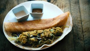 Spicy Vegan Butter Masala Dosa

Luscious vegan butter spread and a zesty topping of spicy lentil powder with potato masala. A perfect blend of taste and compassion in every bite. at SAI100 in Glasgow