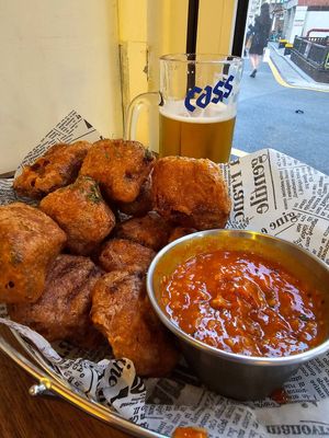 Vegan fried chicken and spicy peanut saucee  at Vampire's Chicken in Seoul