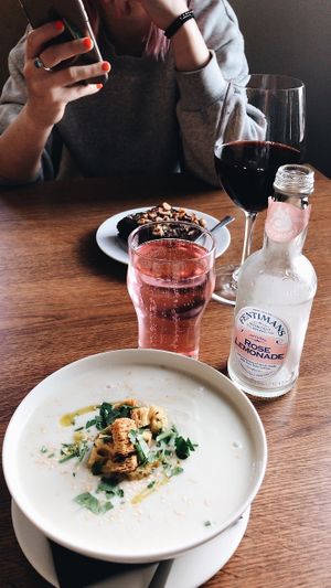 Cauliflower soup, rose carbonated lemonade and chocolate-nut cake, what can be better? 🥺 at MiiT in Riga
