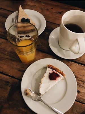 tea, orange juice, “cheese” cake, chocolate cake.  at MiiT in Riga