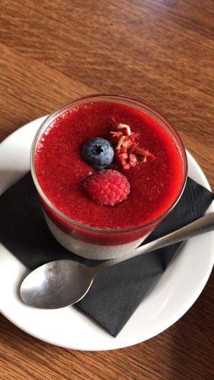 Chia pudding with strawberry sauce. (October 2019)  at MiiT in Riga
