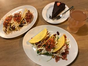 Lemonade, chocolate cake and tacos. 💚 (November 2019) also they offer taco Tuesdays, when you get one taco for 1 euro!!  at MiiT in Riga