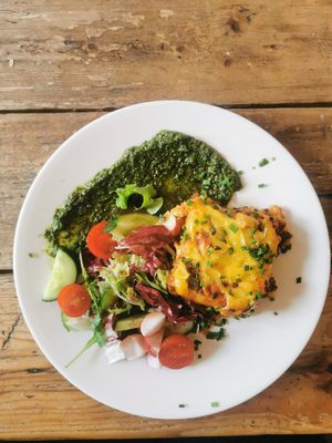 Lentil lasagne, pesto and salad at MiiT in Riga