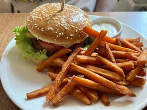 ‘Chicken’ burger and sweet potato fries   at MiiT in Riga