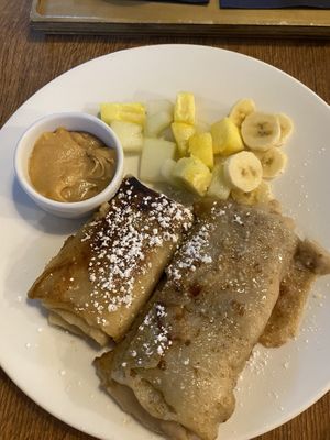 apple filled pancakes/crepes with caramel sauce and fresh fruit  at MiiT in Riga