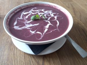 Vegan red cabbage soup, a staple of nordic countries. Love the swirly patter! at MiiT in Riga