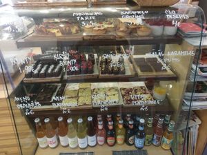 Sweets (note vegan mark in red)  at MiiT in Riga