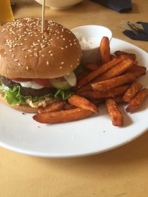 Falafel burger & sweet potato fries at MiiT in Riga
