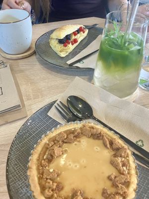 Salted caramel tart&matcha tonic&another sweet pastry (yummy)  at VíK - Vegan Venue in Bratislava