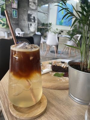 Espresso Tonic and Brownie 🤤  at VíK - Vegan Venue in Bratislava