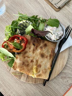 focaccia filled with scrumbled eggs  at VíK - Vegan Venue in Bratislava