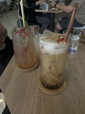 Pumpkin spice latte and rhubarb lemonade   at VíK - Vegan Venue in Bratislava