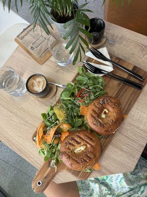 Bagels with “egg” spread and seitan, coffe w soya milk  at VíK - Vegan Venue in Bratislava