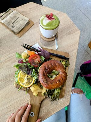 Bagel and Matcha latte 🥯 🍵 at VíK - Vegan Venue in Bratislava