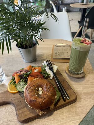 Salami bagel and iced matcha latte  at VíK - Vegan Venue in Bratislava