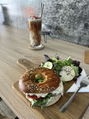 bagel and coffeee  at VíK - Vegan Venue in Bratislava
