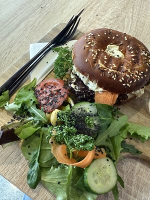 Delicious bagel sandwich with a seafood flair  at VíK - Vegan Venue in Bratislava