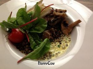 mushroom, spinach and lentil dish at lunch at Innocent Cafe in Riga