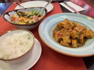 Veg red curry / tofu hot and sour and jasmine rice   at Great Asia in Lanzarote