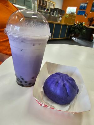 Taro Boba with coconut milk and ube bun at Homer Sweet Home in Homer