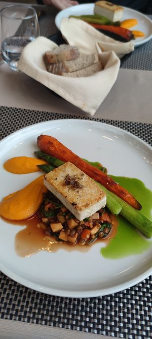 Grilled tofu with lentils and veggies at Restaurant Triglav Bohinj in Bohinjsko Jezero