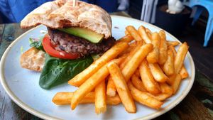 Veg burger made vegan at Cooked Goose Cafe in Hyams Beach
