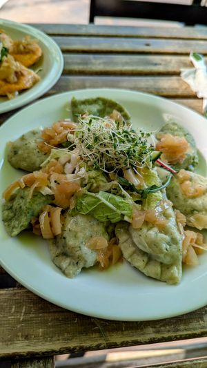 Green spinach and tofu pirogi (dumplings) - boiled at Dal Dalla Gelato in Warsaw