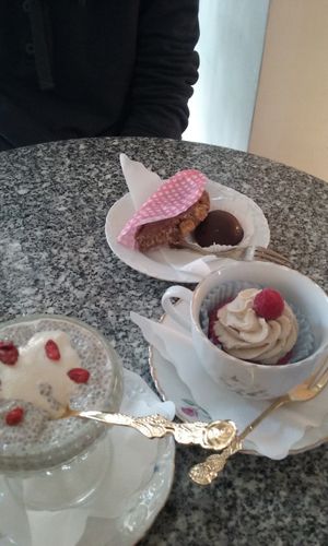 Muffin, banana bread, chia pudding and coconut dough. at Simply Raw Bakery and Bistro in Vienna
