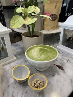 Matcha latte and rocher at Simply Raw Bakery and Bistro in Vienna