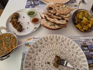 Naan, chana masala, potatoes at Indian Pure Vegetarian Chotivala in Interlaken
