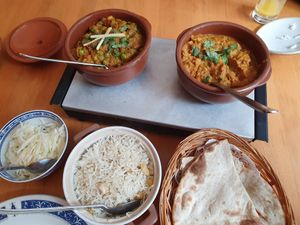 Aloo mataar, baigan bartha, pilau rice, tandoor roti + cole slaw at Indian Tandoori in Bruges