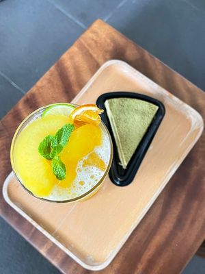 Peach Orange Kombucha & Matcha Cake  at Bamboo Bistro in Ho Chi Minh City