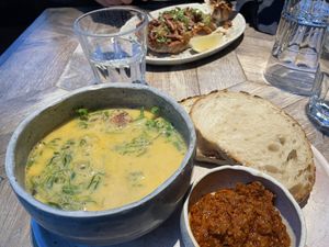 Vegan soup & open sandwichh  at Hvammsvík Hot Springs in Hvammsvik