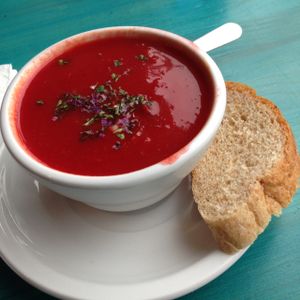 Russian beet borscht. without the sour cream garnish.  delicious! at Pangea in Ashland