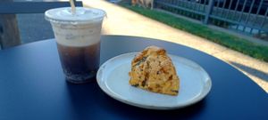 Dirty (with coffee) root beer float and a savory bacon cheddar scone at Exquisite Creatures Coffee in Portland