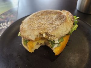 Vegan egg and cheese sandwich at Exquisite Creatures Coffee in Portland