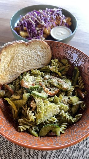 Pesto pasta salad with toasted sourdough - highly recommend, my favorite dish!!!  at Anandinii Organic Garden & Kitchen in Sidemen