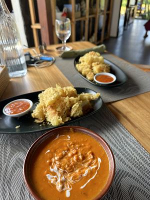 Tomato lentil soup and crispy cassava   at Anandinii Organic Garden & Kitchen in Sidemen