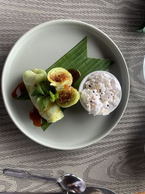 Dadar gulung with coconut ice cream  at Anandinii Organic Garden & Kitchen in Sidemen