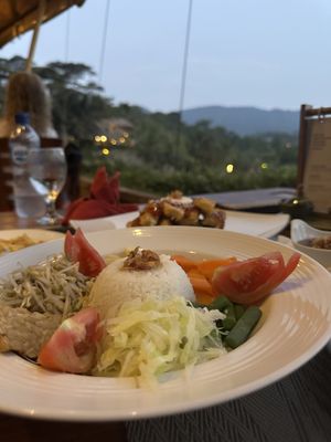 Veggies w peanut sauce, tempeh & rice   at Anandinii Organic Garden & Kitchen in Sidemen