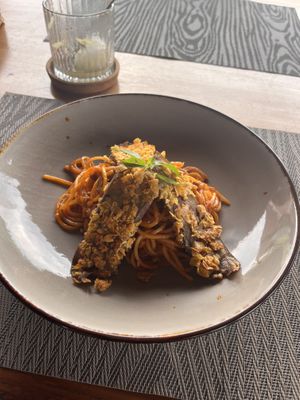 Aubergine pasta   at Anandinii Organic Garden & Kitchen in Sidemen