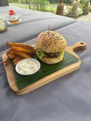 New mushroom burger not on the menu yet but absolutely amazing! So fresh. So flavorful. The environment along with the staff makes this honestly my favorite restaurant in all Bali at Anandinii Organic Garden & Kitchen in Sidemen